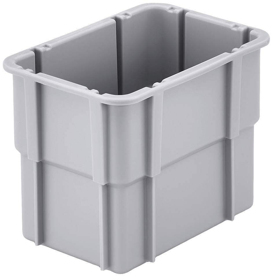 Sivý plastový box s vysokými stenami a rebrovaným dizajnom, vhodný na uskladnenie alebo prepravu predmetov.