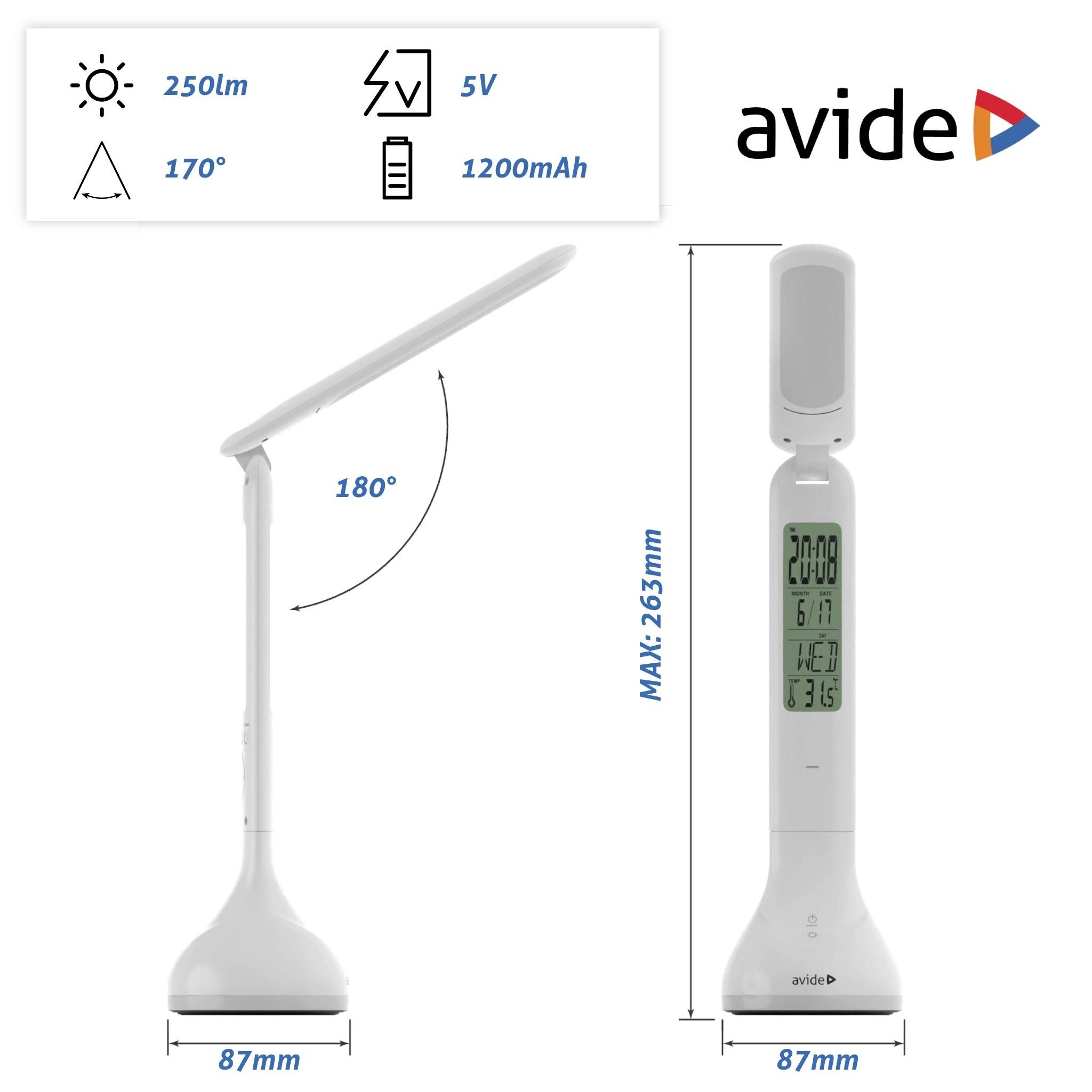 Biela stolová lampa od Avide, nastaviteľná o 180°. Výška: 265 mm, šírka: 87 mm. Vstavaný displej zobrazuje čas, dátum a teplotu.