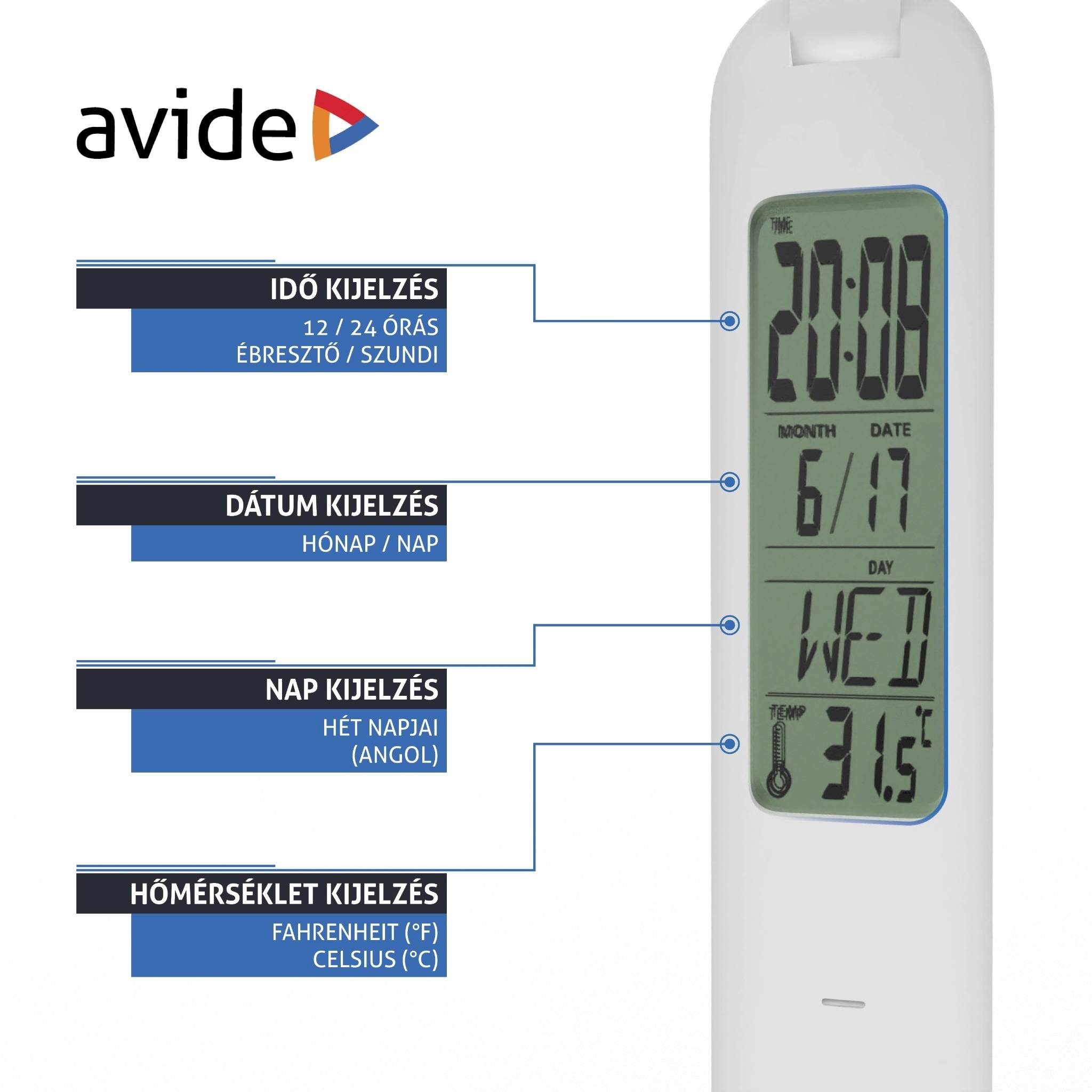 Digitálne hodiny zobrazujú 20:08, vrátane dátumu, dňa v týždni a teploty 31,5 °C. Text v maďarčine popisuje funkcie.