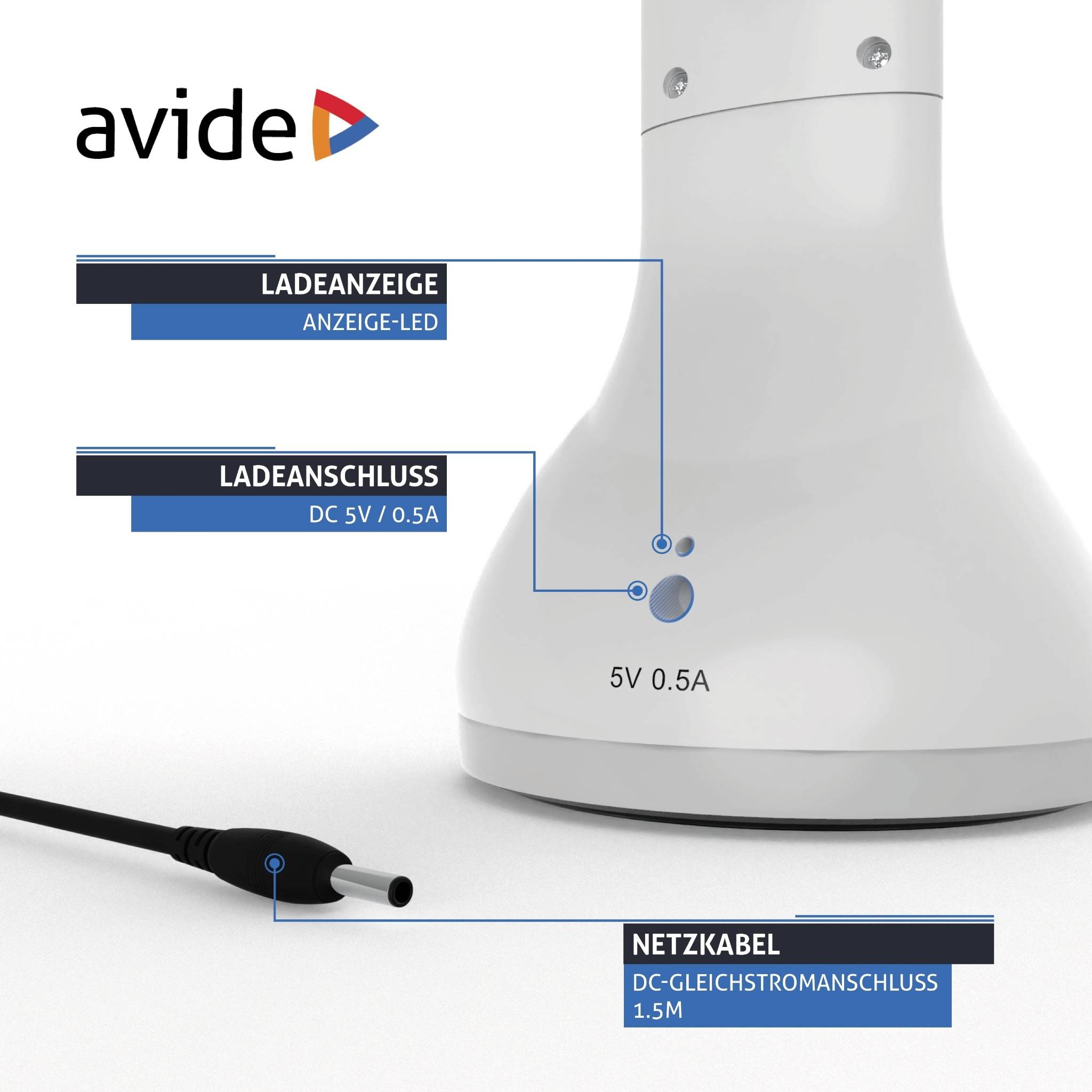 Nabíjačka s LED indikátorom, DC 5V/0,5A vstupom a 1,5 m sieťovým káblom. Viditeľné meno značky a funkčné detaily.