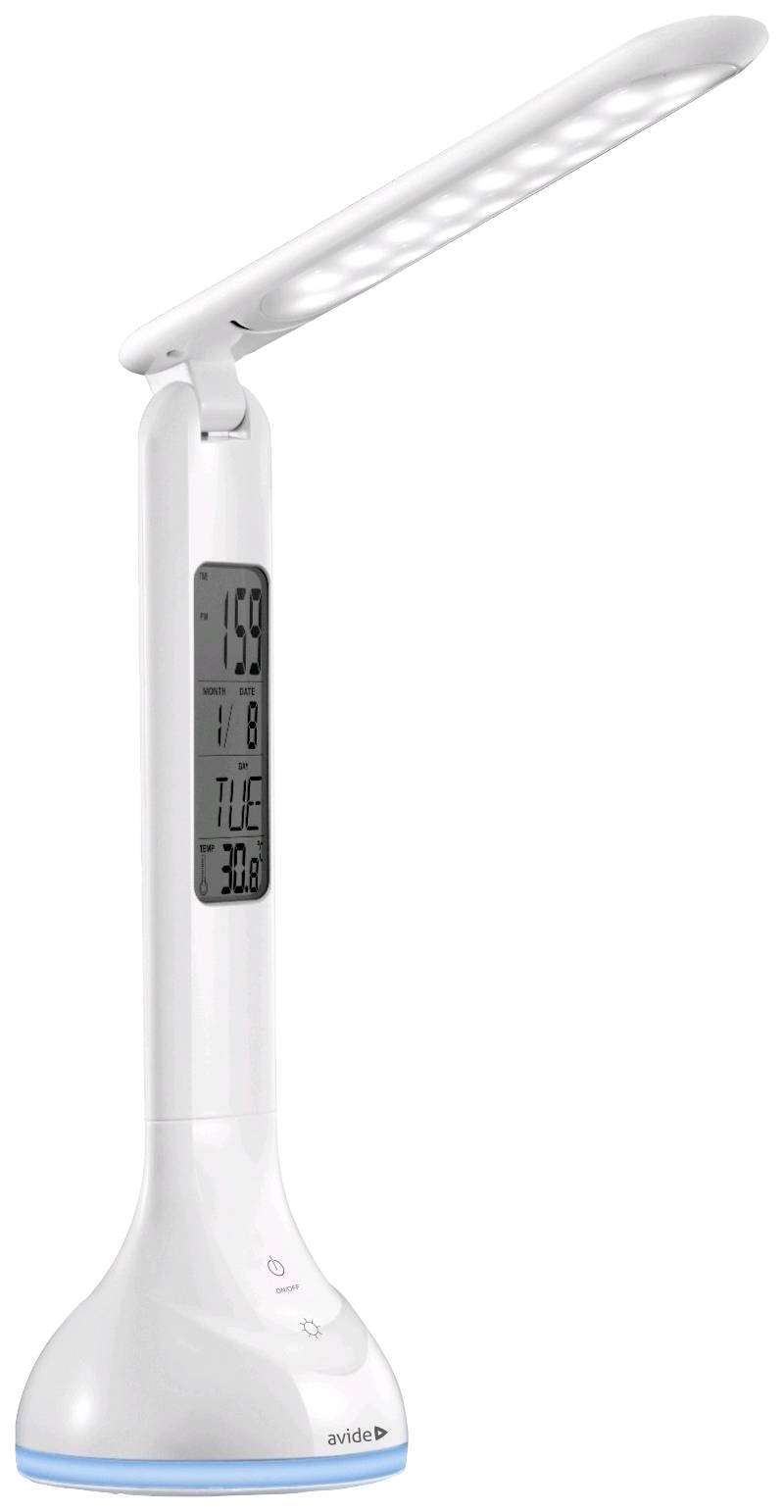 Biela LED stolná lampa s flexibilným ramenom, digitálnym displejom na zobrazenie času, dátumu a teploty a modrým zapínacím tlačidlom.