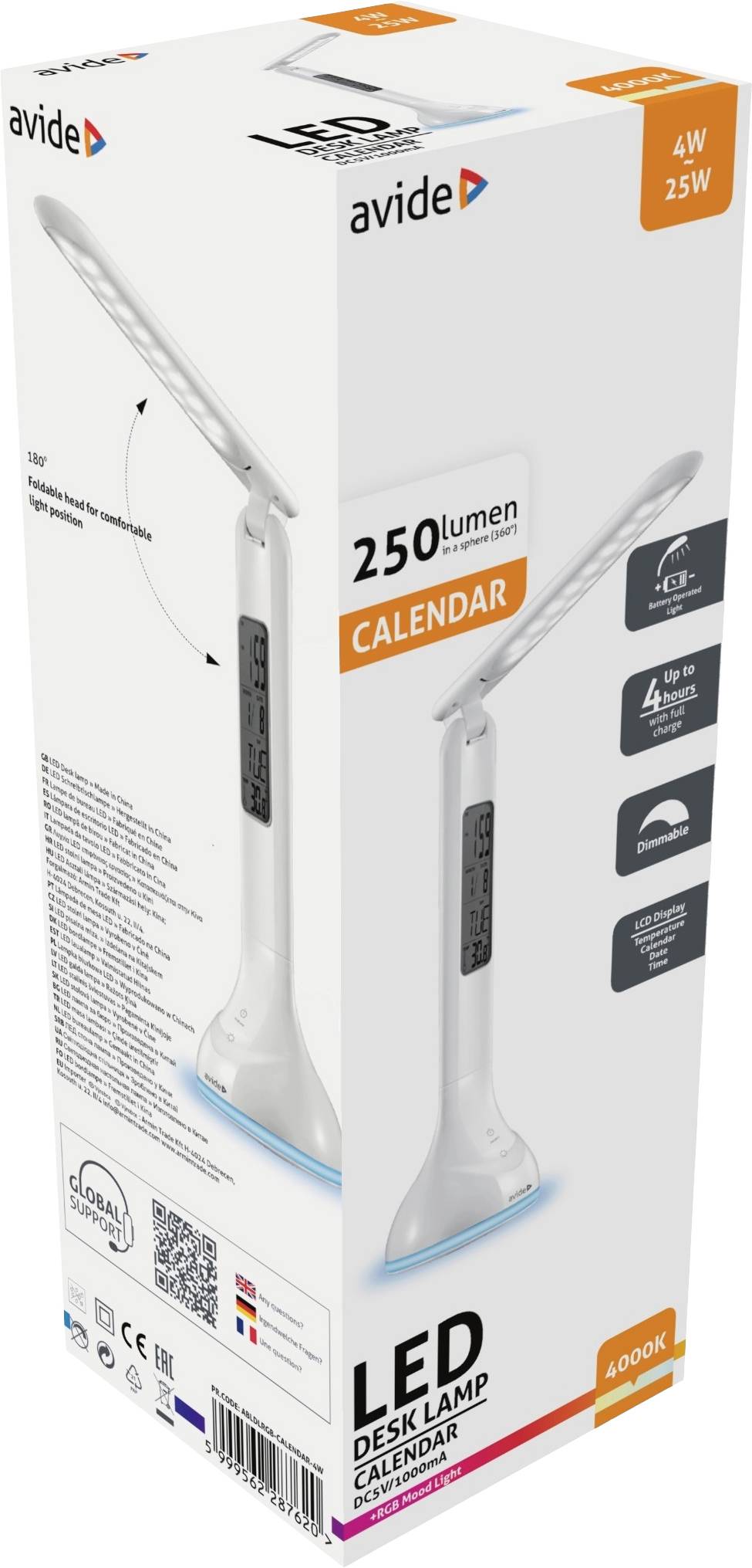 LED stolná lampa Avide s kalendárom, 4W, náhrada 25W, 250 lumenov, úsporná, 4 svetelné módy, USB nabíjacia stanica, 4000K, biela.