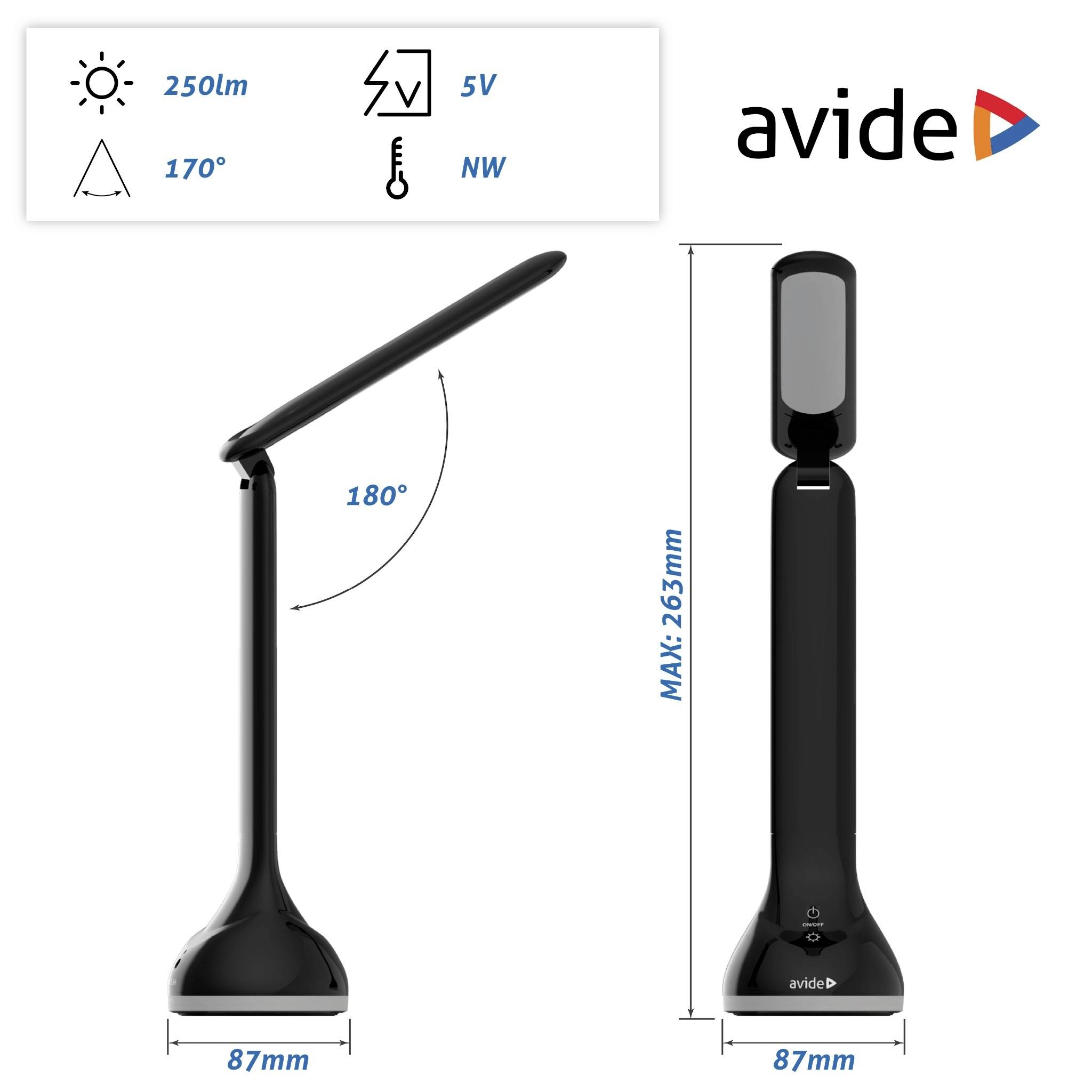 Čierna stolná lampa od značky avide, maximálna výška 265 mm, otočná až do 180°. Funkcie: 250 lumenov, 5V, uhol svietenia 170°, neutrálna biela.