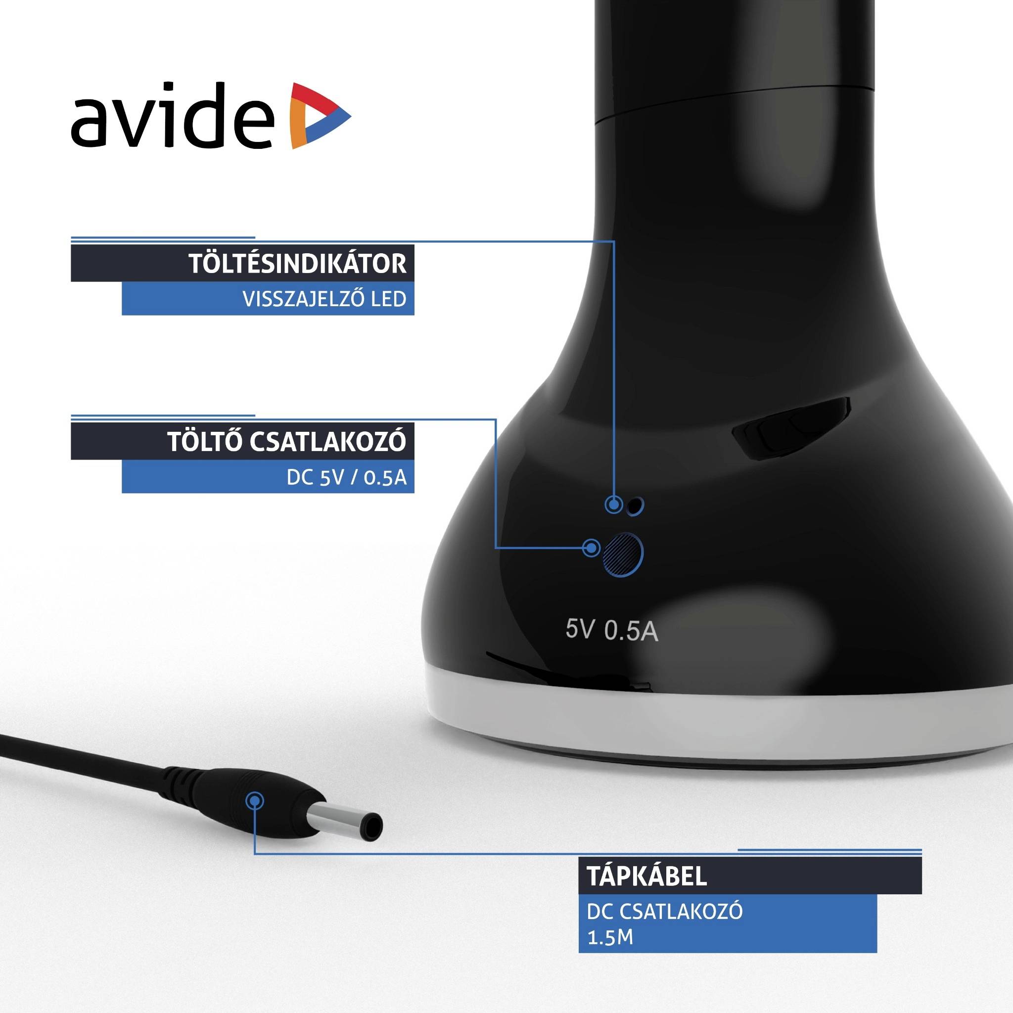 Čierna LED lampa s indikátorom nabíjania a TÁPKÁBEL konektorom pre DC 5V/0,5A. Značka: avide.