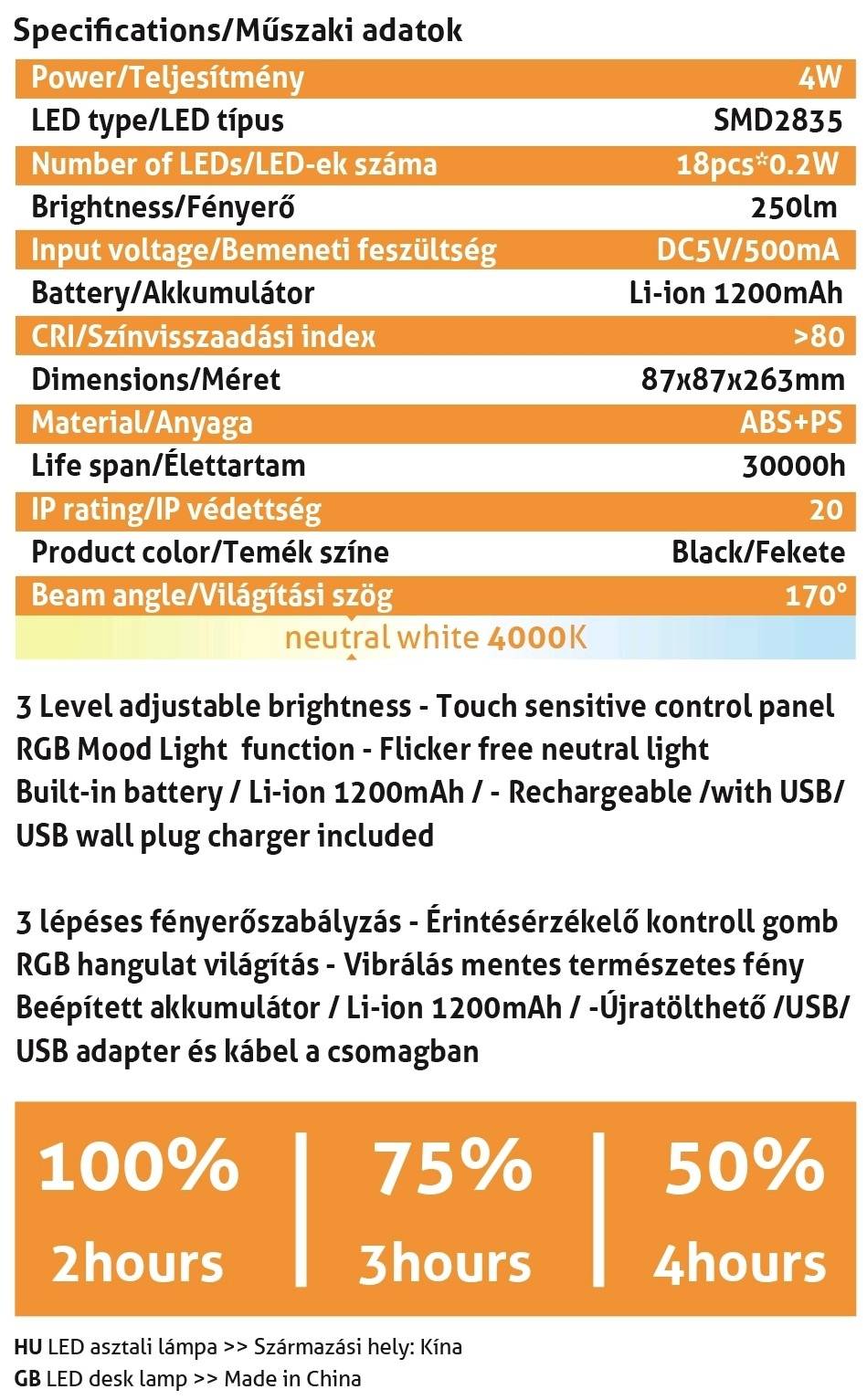 LED špecifikácie: 4W, SMD2835, 250 lm pri 4000K. Dotykový a RGB mód. Batéria 1200 mAh, nabíjateľná cez USB. Doba použitia do 75%: 3 h.