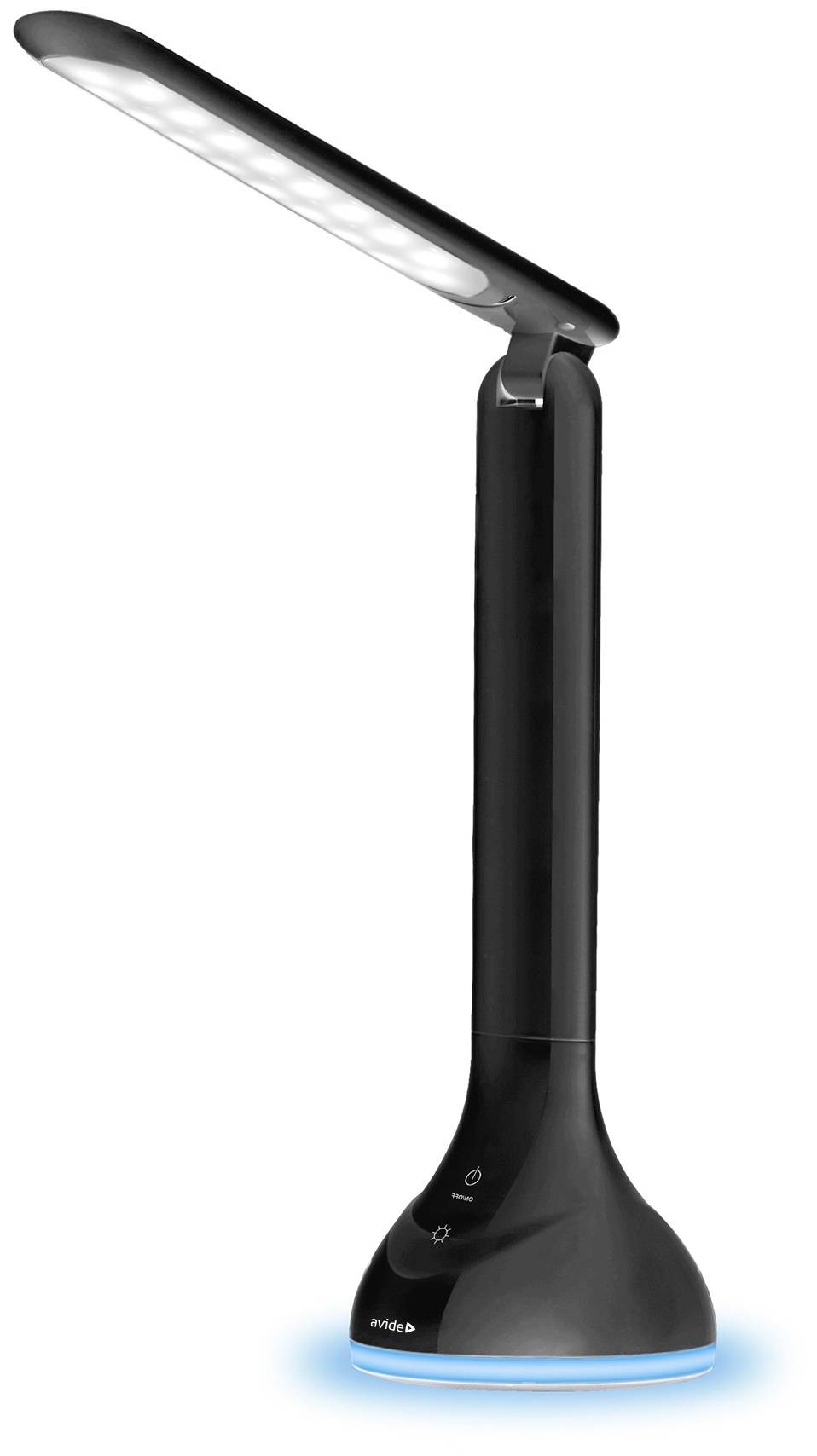 Moderná čierna stolná lampa so zakrivením LED svetla, svietiaca so svetlomodrým podstavcom.