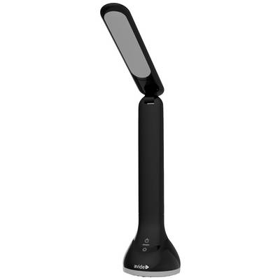 Čierna, moderná stolná lampa s otočným ramenom a dotykovými ovládacími prvkami na podstavci.