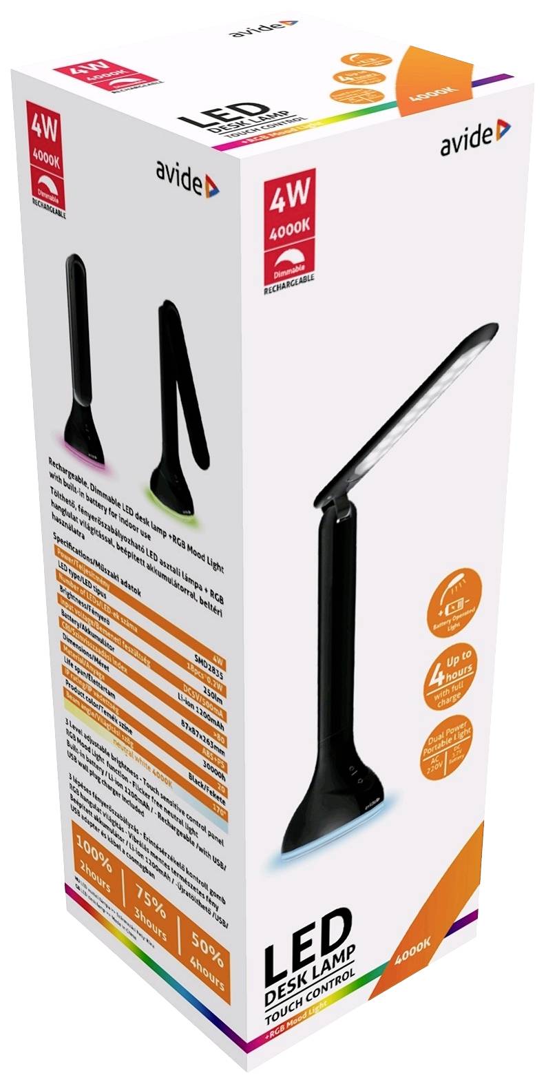 LED stolová lampa s dotykovým ovládaním, 4W, 4000K, bez oslňovania, úspora energie, dlhá životnosť. Balenie zobrazuje obrázok lampy a technické detaily.