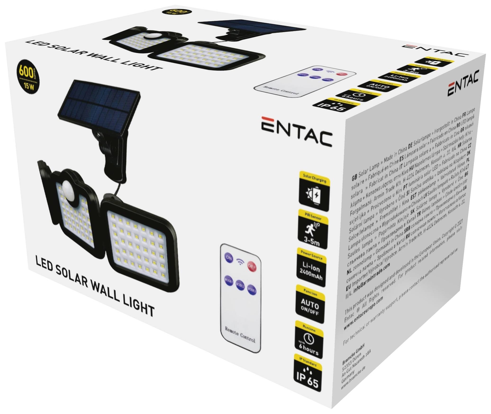 Obal LED solárneho nástenného svietidla od ENTAC, 600 lúmenov, s diaľkovým ovládaním. Vhodný pre vzdialenosť 1-3 m, Li-Ion akumulátor, IP65.