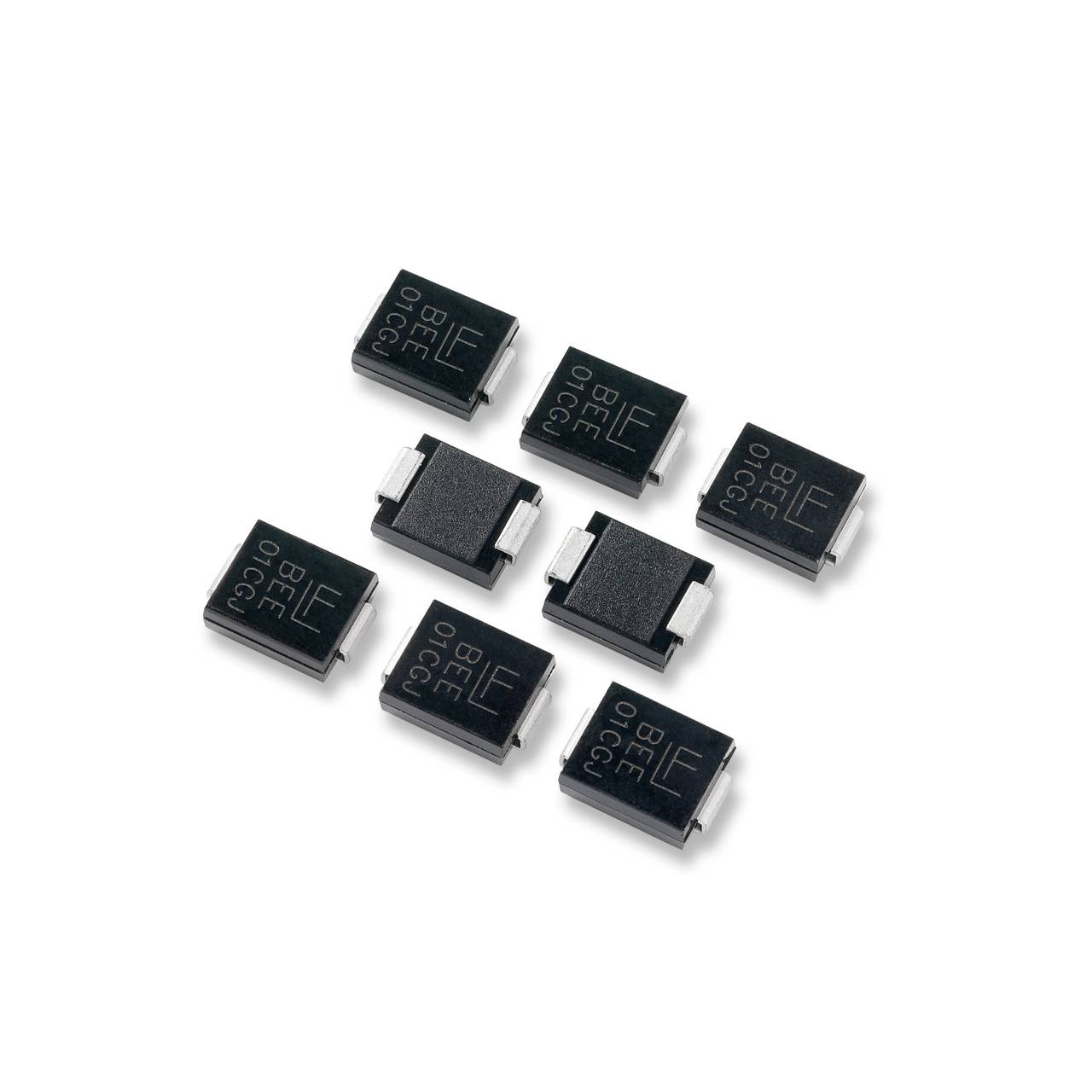 Osem elektronických SMD komponentov s kolíkmi, symetricky usporiadaných, v čiernom puzdre, na bielom pozadí.