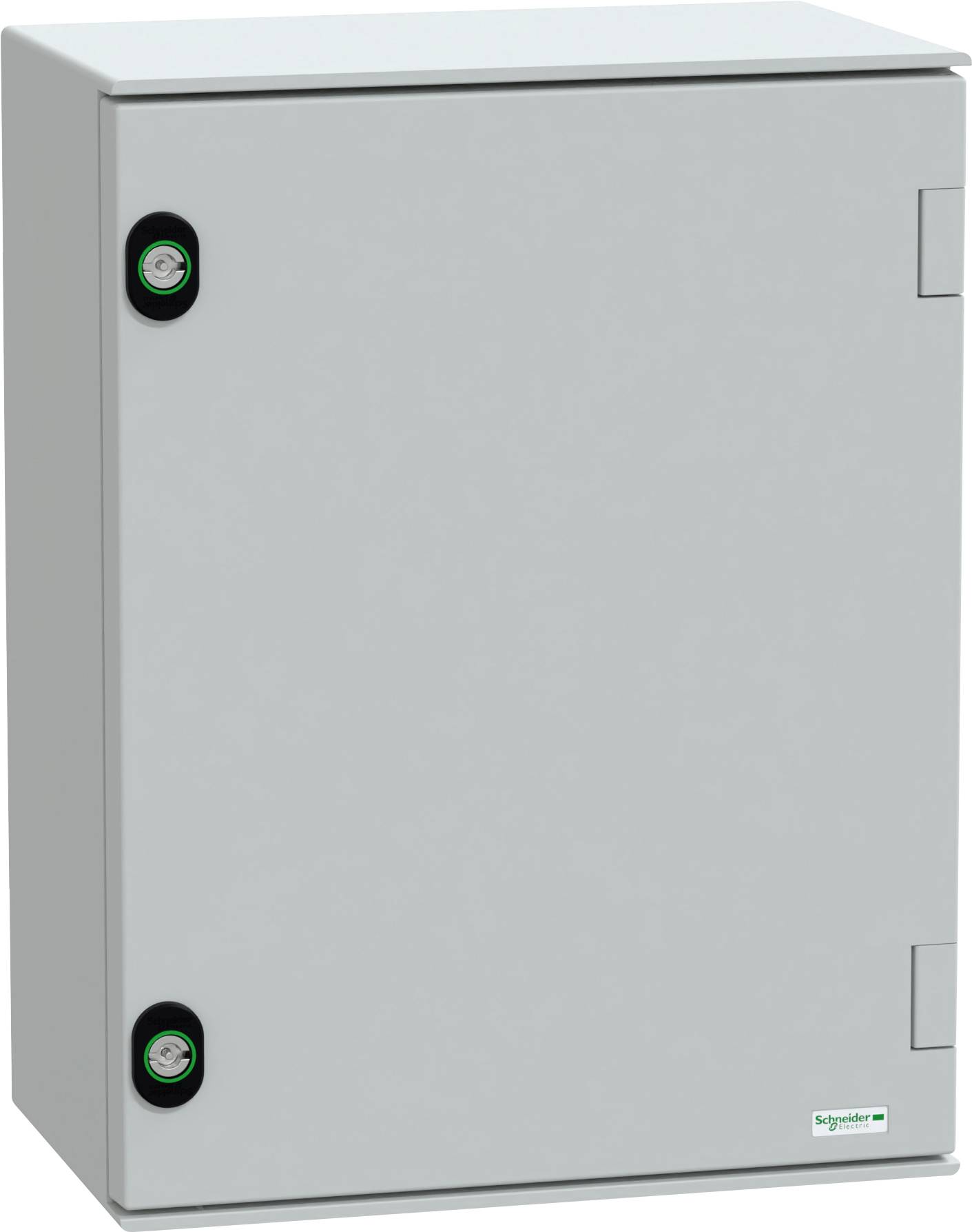 Sivý kovový elektrický rozvádzač s dvoma čiernymi kruhovými zámkami a malým logom Schneider Electric v pravom dolnom rohu.
