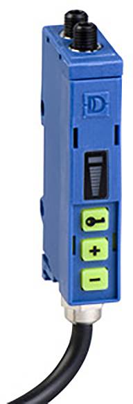 Modrý elektronický senzor s dvoma čiernymi otočnými gombíkmi hore a troma zelenými tlačidlami vpredu. Dole vyčnieva čierny kábel.