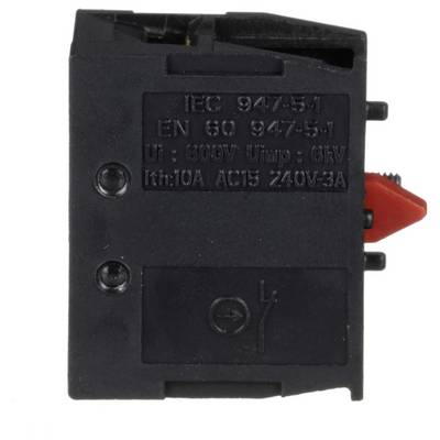 Čierny elektrický spínací komponent s červeným ovládačom, zobrazujúci označenia normy IEC 947-5-1 a hodnotenia 240V/3A.