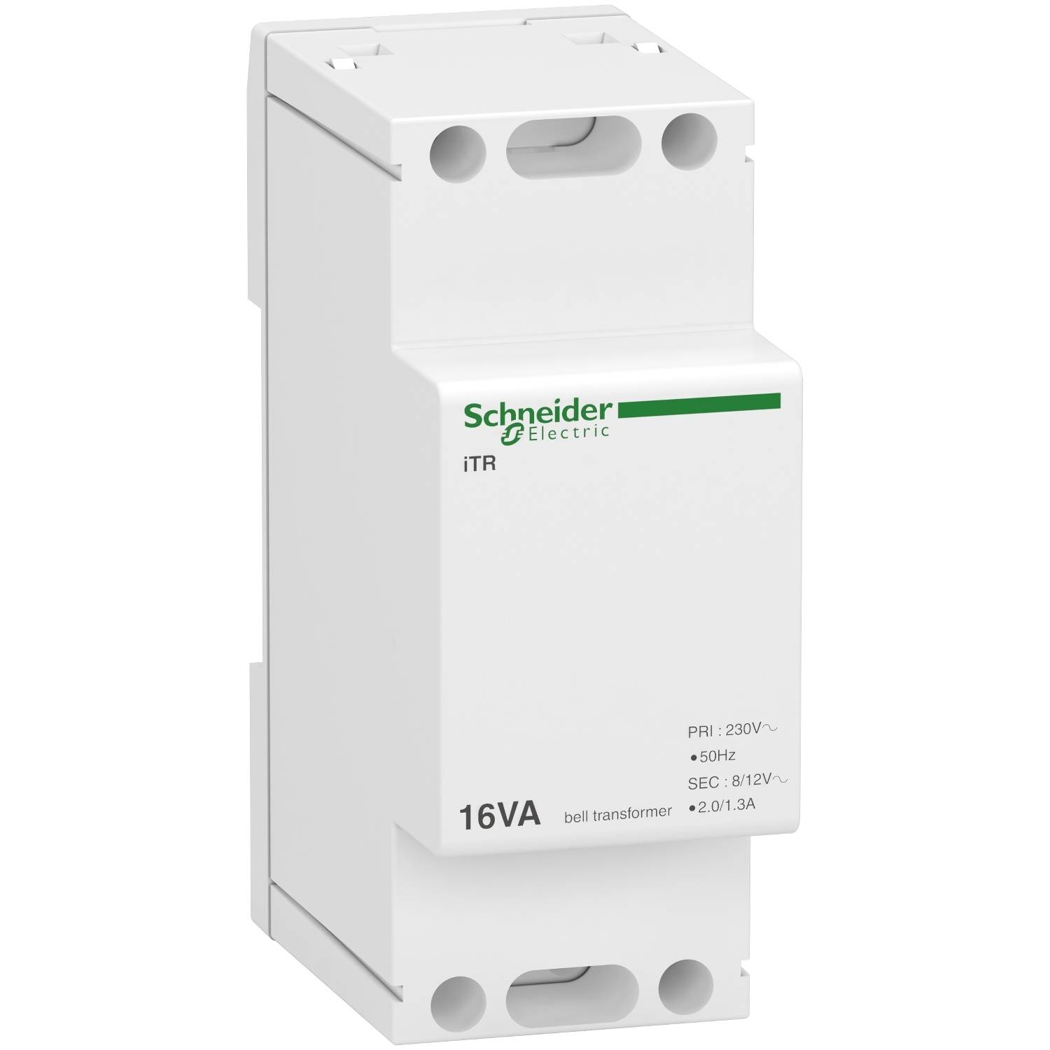 Inštalačné zariadenie od Schneider Electric, biele, obdĺžnikového tvaru. Ide o zvonový transformátor s výkonom 16 VA pre 230 V.