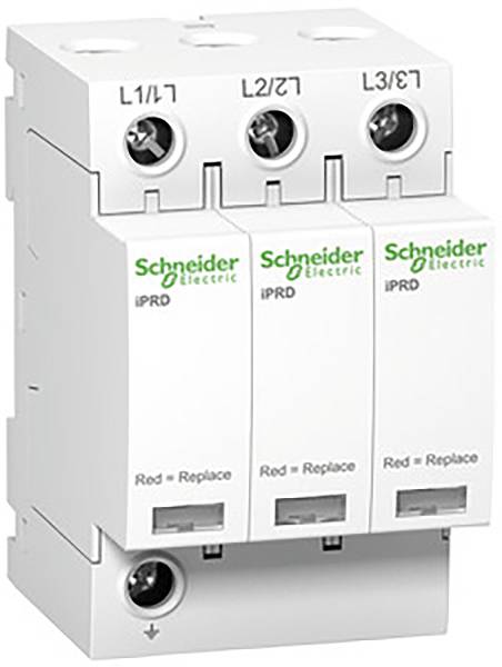Trojpólová ochrana proti prepätiu od Schneider Electric s označeniami 'L1/L1', 'L2/L2', 'L3/L3'; indikátor ukazuje 'Červená = Vymeniť'.