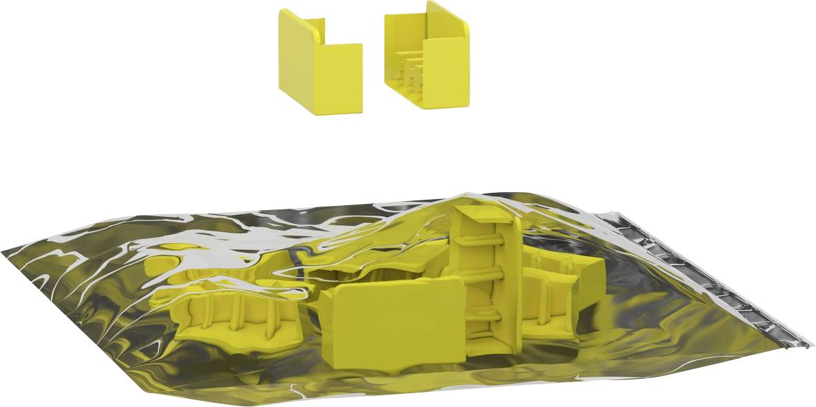 3D ilustrácia žltého mechanického zostavy zobrazená v rozloženom pohľade nad reflexným podkladom so časťami komponentov oddelenými od hlavnej jednotky.
