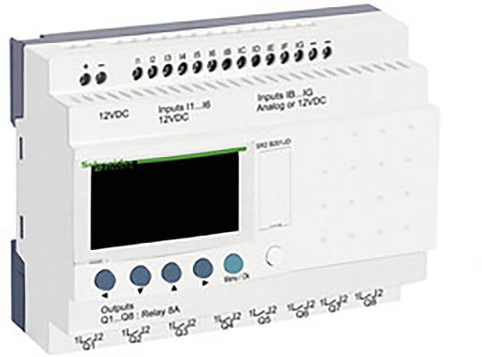 Elektronická riadiaca jednotka s viacerými prípojkami a tlačidlami, označená 'Výstupy Q1...Q8' a 'Vstupy I1...I6'.