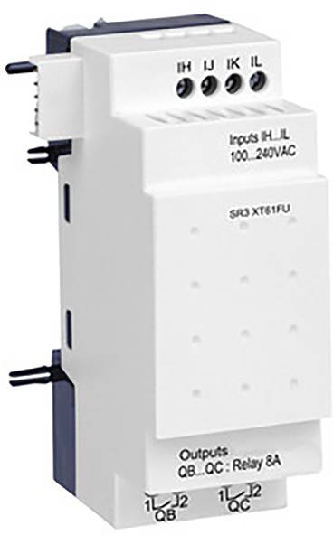 Biely elektrický DIN lištový modul s nápisom 'Vstupy IH-IL, 100-240V/AC'. Dve radové svorkovnice pre vstupy a výstupy.