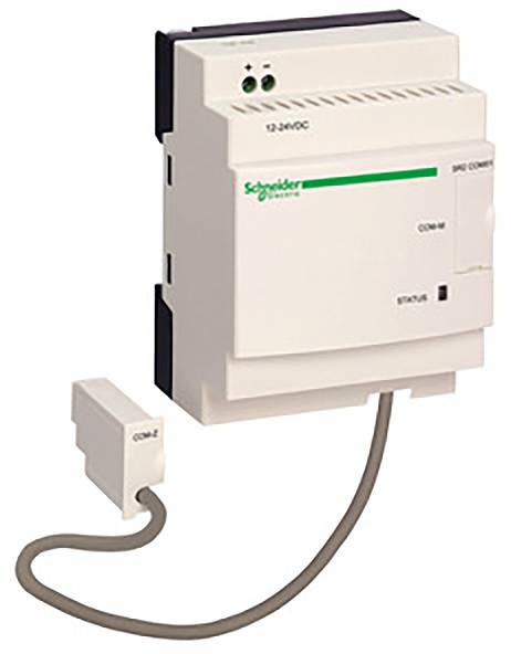 Biele elektronické zariadenie so zeleným logom a odnímateľnou jednotkou. Používa sa na riadenie alebo automatizačné účely.