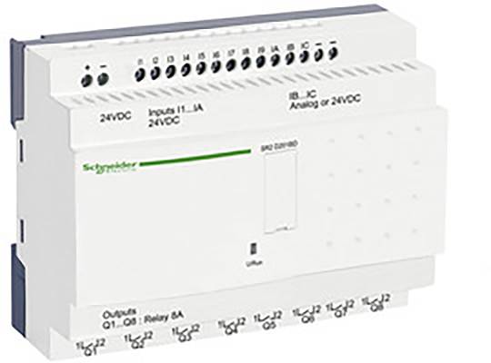 Biele elektrické rozvádzacie zariadenie s viacerými prípojkami a nápisom 'Schneider Electric' zelenej farby na prednej strane.