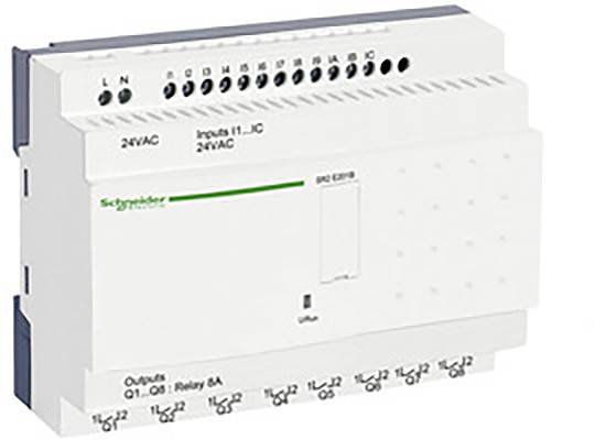Elektrické riadiace zariadenie s konektormi pre rôzne vstupy a výstupy, označené špecifikáciami napätia a logom značky.
