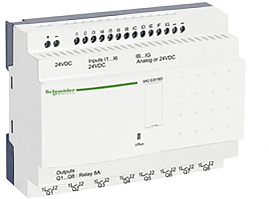 Riadiaca jednotka s viacerými možnosťami pripojenia. Označená ako '24VDC', 'Vstupy 11-16', 'Analógový alebo 2VDC' a 'Výstupy Q1-Q2'.
