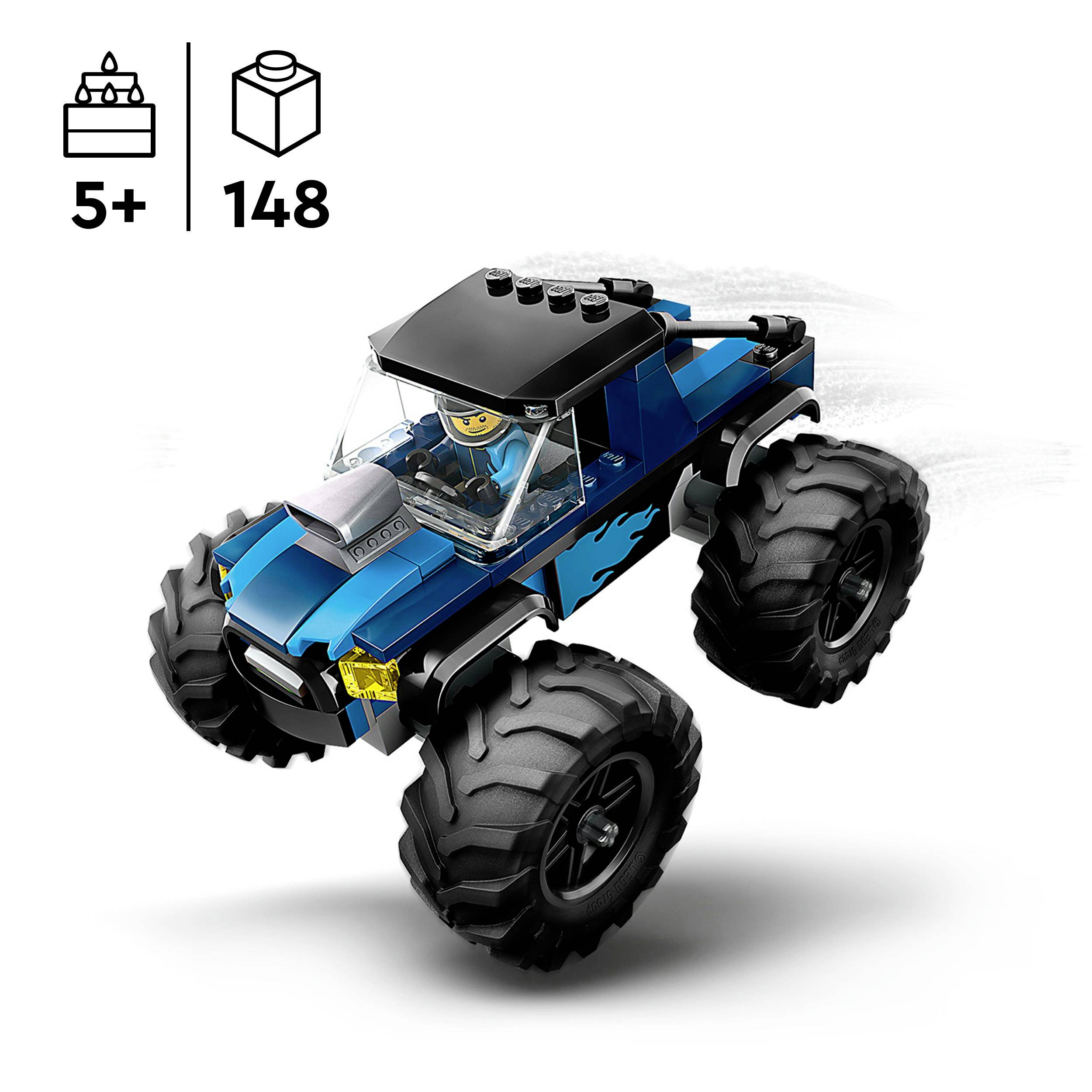 Modrý hračkársky truck zo stavebnicových kociek Lego s veľkými kolesami. Odporúčaný vek 5+, počet dielov: 148.