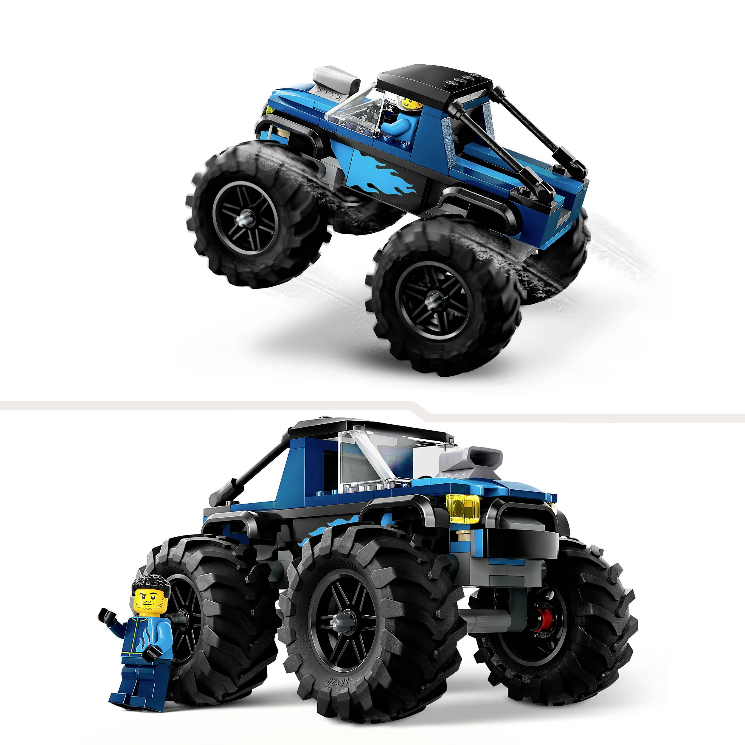 Modrý LEGO monster truck s veľkými kolesami vedľa LEGO figúrky s helmou. Truck má realistické detaily a dekorácie.