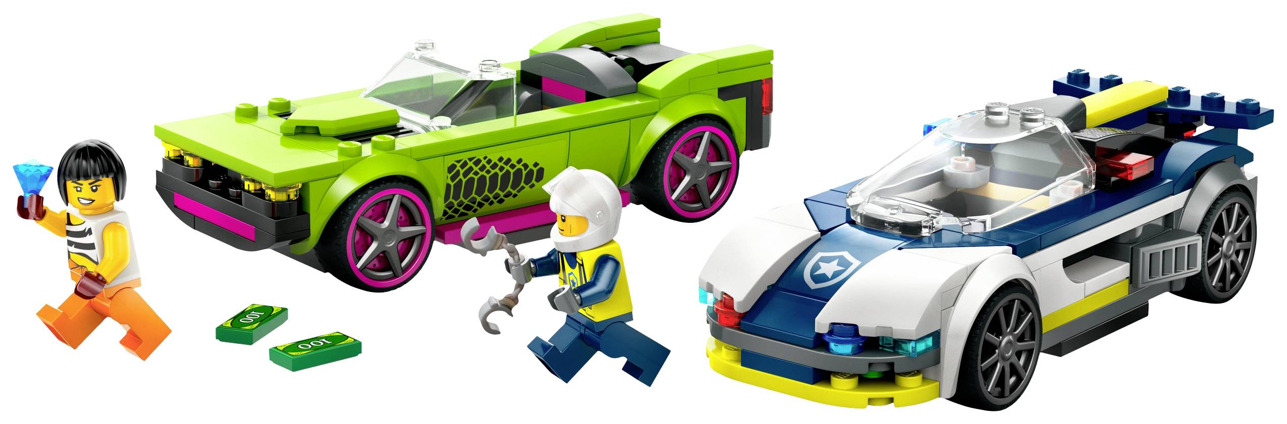 Dve farebné autá z LEGA a dvaja LEGO mužíci. Jeden drží drahokamy, druhý nástroje. Scéna naznačuje prenasledovanie alebo dobrodružstvo.