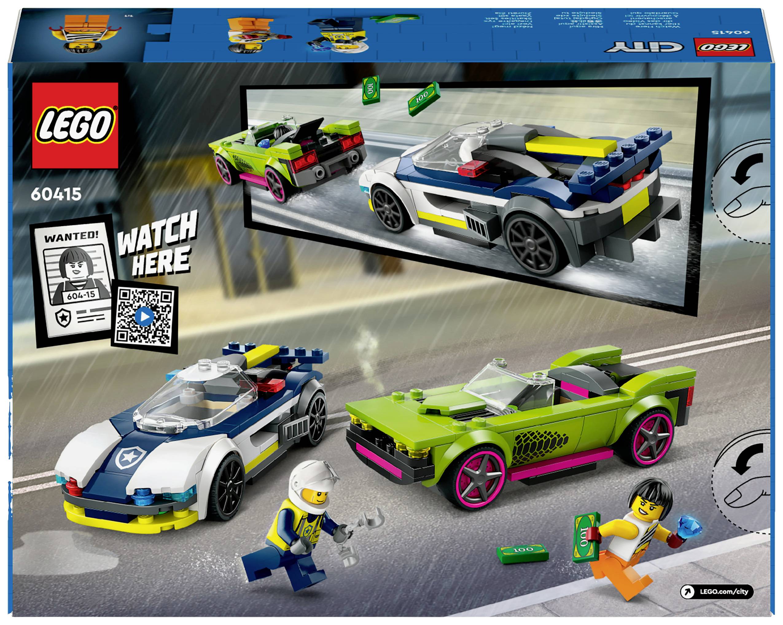 LEGO-set 60415 zobrazuje naháňačku s dvoma farebnými športovými autami a figúrkami. Obsahuje stavebný návod a QR kód pre ďalšie informácie.