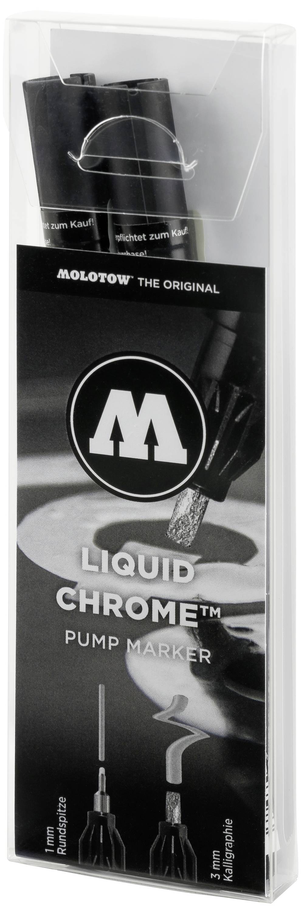 Balenie obsahujúce dva 'Molotow Liquid Chrome Pump Markers', vhodné na kreslenie a písanie na rôznych povrchoch.