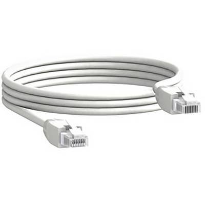 Biely ethernetový kábel s dvoma konektormi RJ-45. Je znázornený zvinutý a často sa používa na sieťové pripojenia.