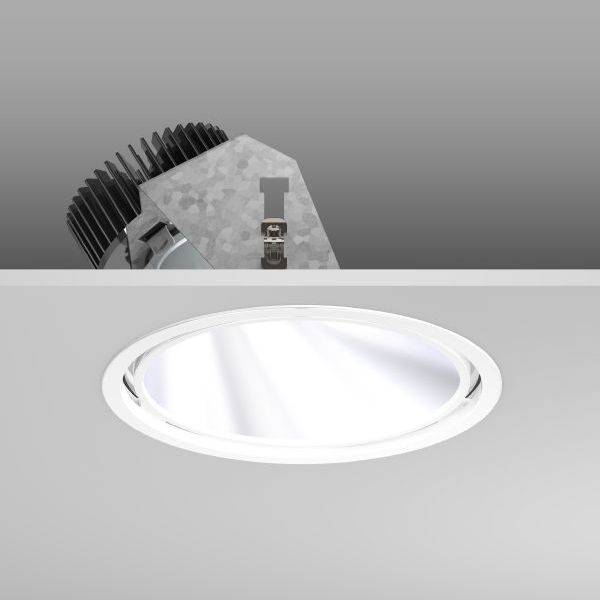 Okruhové LED stropné podhľadové svietidlo s chladiacimi rebrami zabudované do stropu, ktoré ukazuje moderný a energeticky úsporný dizajn osvetlenia.