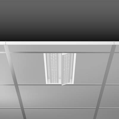 LED stropná lampa v kazetovom strope, práve zapnutá, rovnomerne osvetľuje priestor, moderne a energeticky úsporne.