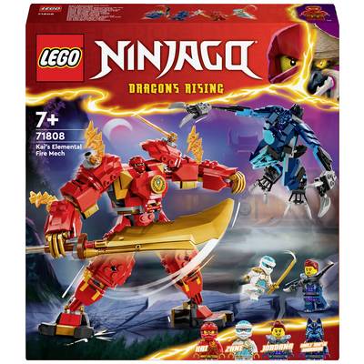 LEGO NINJAGO „Prebudenie drakov" Set 71808, zobrazuje červeného mecha s mečom v boji proti modrému protivníkovi, určený pre deti od 7 rokov.
