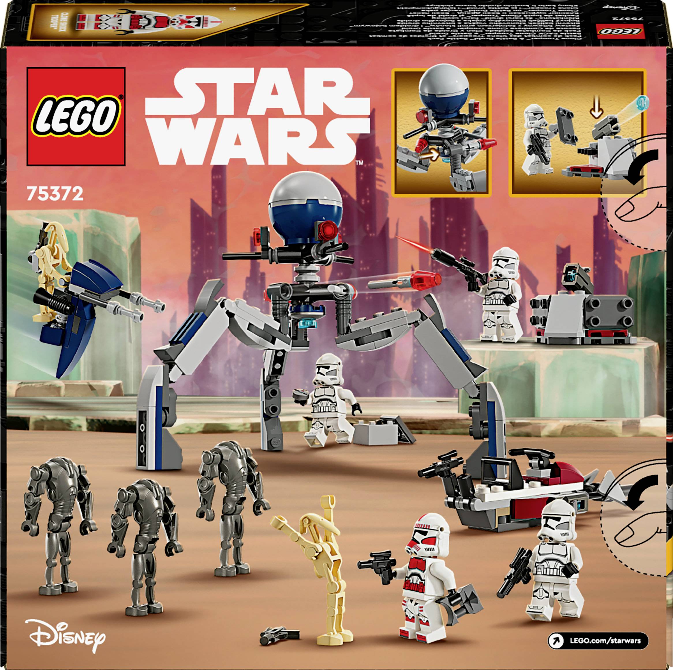 LEGO Star Wars balenie: Set 75372 s obrovským kráčajúcim robotom, štyrmi stormtroopermi a lietajúcim vozidlom pred krajinou planéty.