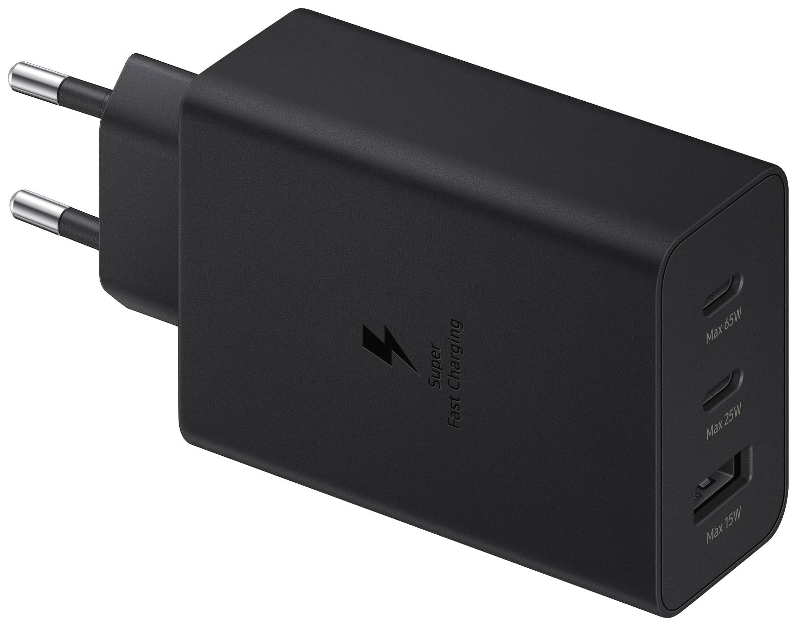 Čierna trojitá USB nabíjačka s eurokonektorom; s nápisom: 'Super rýchle nabíjanie'.