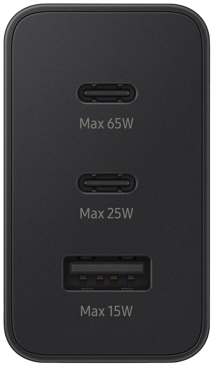 Čierna nabíjačka s troma portami: dva USB-C (max. 65W a 25W) a jeden USB-A (max. 15W).