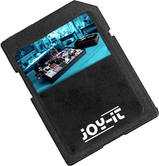 Čierna pamäťová karta s logom 'Joy-it', ktorá v hornej časti zobrazuje obrázok elektronických komponentov na doske v laboratórnom prostredí.