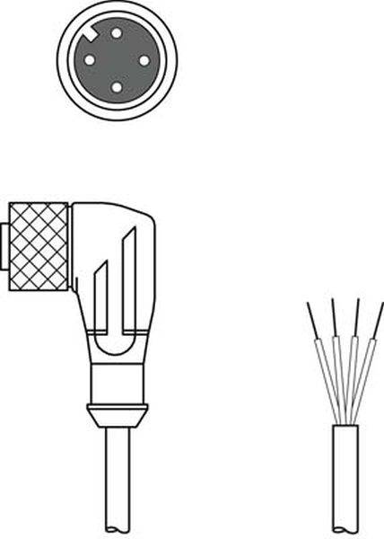 Diagram kábla so zástrčkou, vnútorný pohľad zástrčky a priečny rez kábla, ktorý znázorňuje päť vodičov.