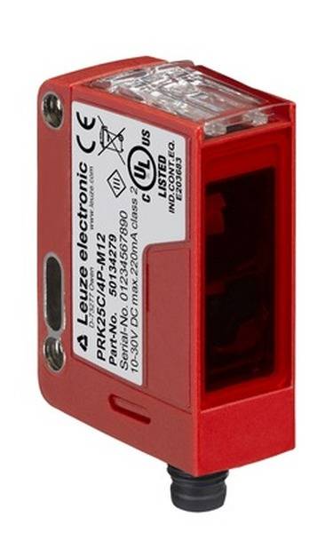 Červený snímací senzor od spoločnosti Leuze electronic s CE a UL certifikáciami na hornej strane. Modelové číslo PRK 25C4P-M12 je viditeľné.
