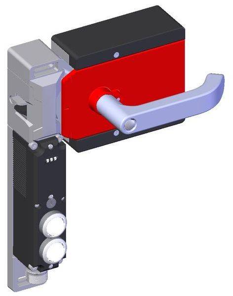 Obrázok kľučky s elektronickým zámkovým mechanizmom, červeným krytom a striebornou pákou.