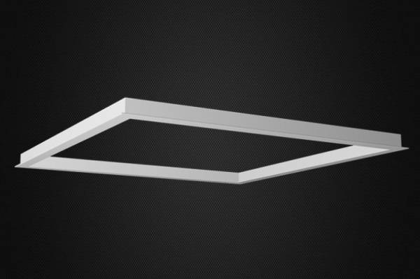 Obdĺžnikový, plochý LED stropný panel s bielym rámom na čiernom pozadí.
