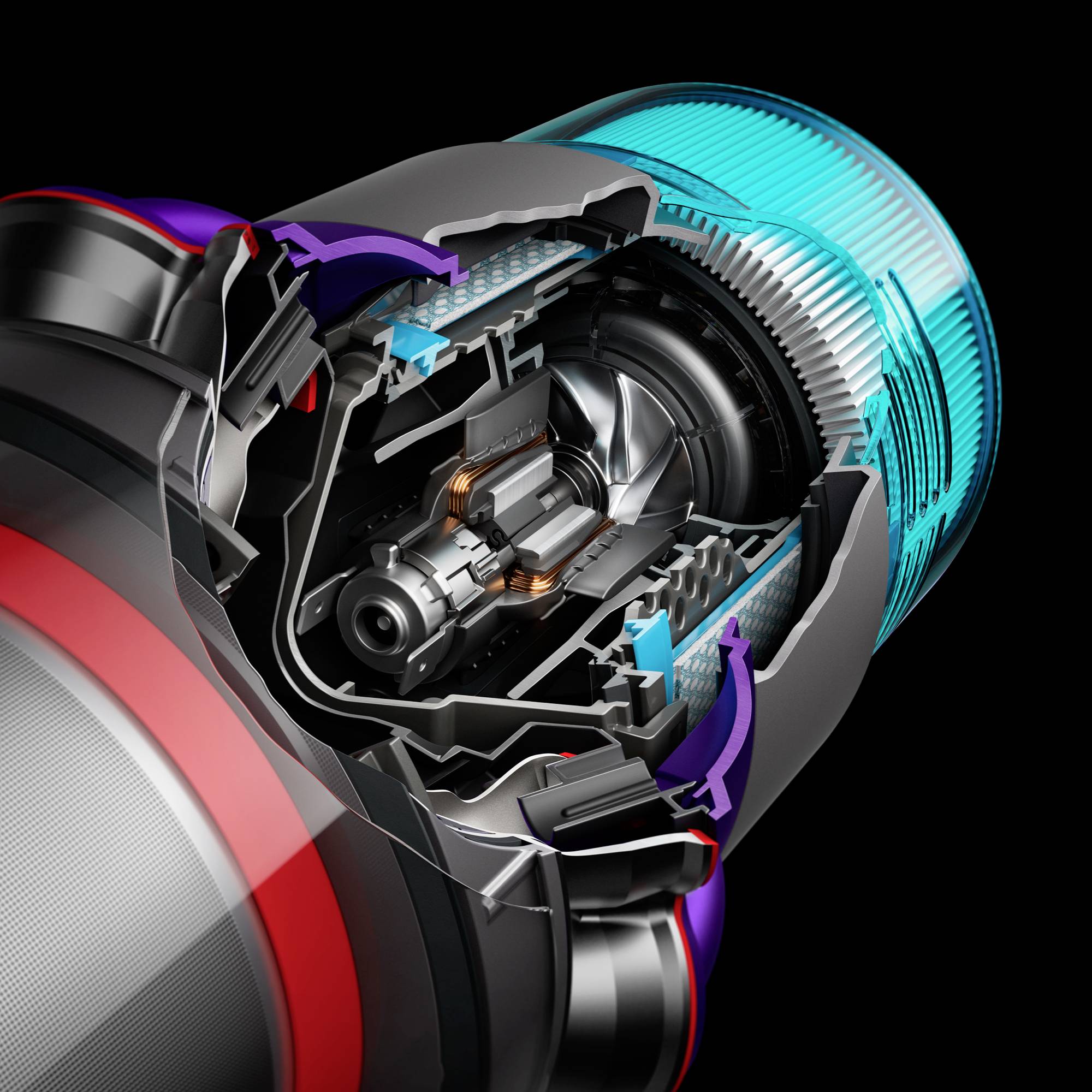 Priečny rez vysávačom s viditeľným motorom a filtrami, obklopený priehľadným krytom, ktorý odhaľuje jeho technológiu.