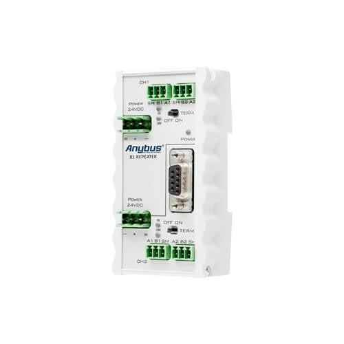 Obdĺžnikové elektronické zariadenie s nápisom 'Anybus X1 Repeater' a zelenými pripojovaciemi svorkami na stranách.