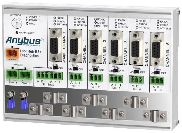 Diagnostický modul 'Anybus' s viacerými kanálmi a LED indikátormi pre stav a chyby. Označené prepínače a prípojky sú viditeľné.