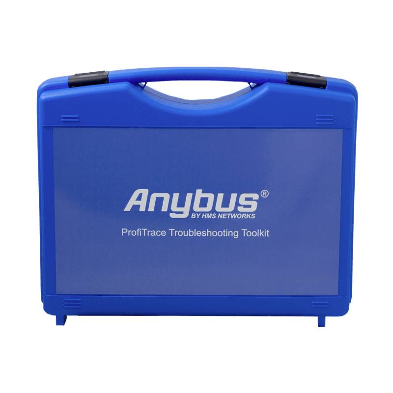 Modrý kufrík na náradie s logom 'Anybus' a nápisom 'ProfiTrace Troubleshooting Toolkit' na prednej strane.
