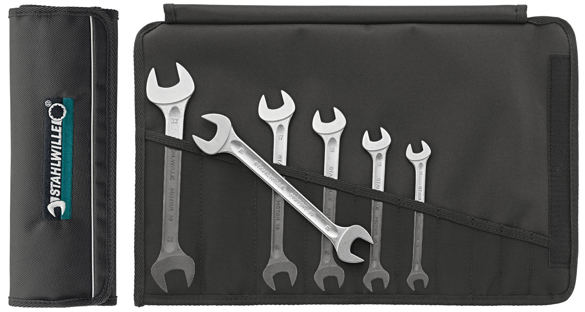 Čierna sada nástrojov so šiestimi otvorenými kľúčmi rôznych veľkostí, prezentovaná na čiernej taške na náradie.