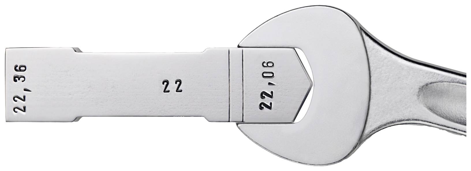 Detailný záber nastaviteľného kľúča s mierkou na ramene čeľuste, ktorá je označená od '22' do '36'.