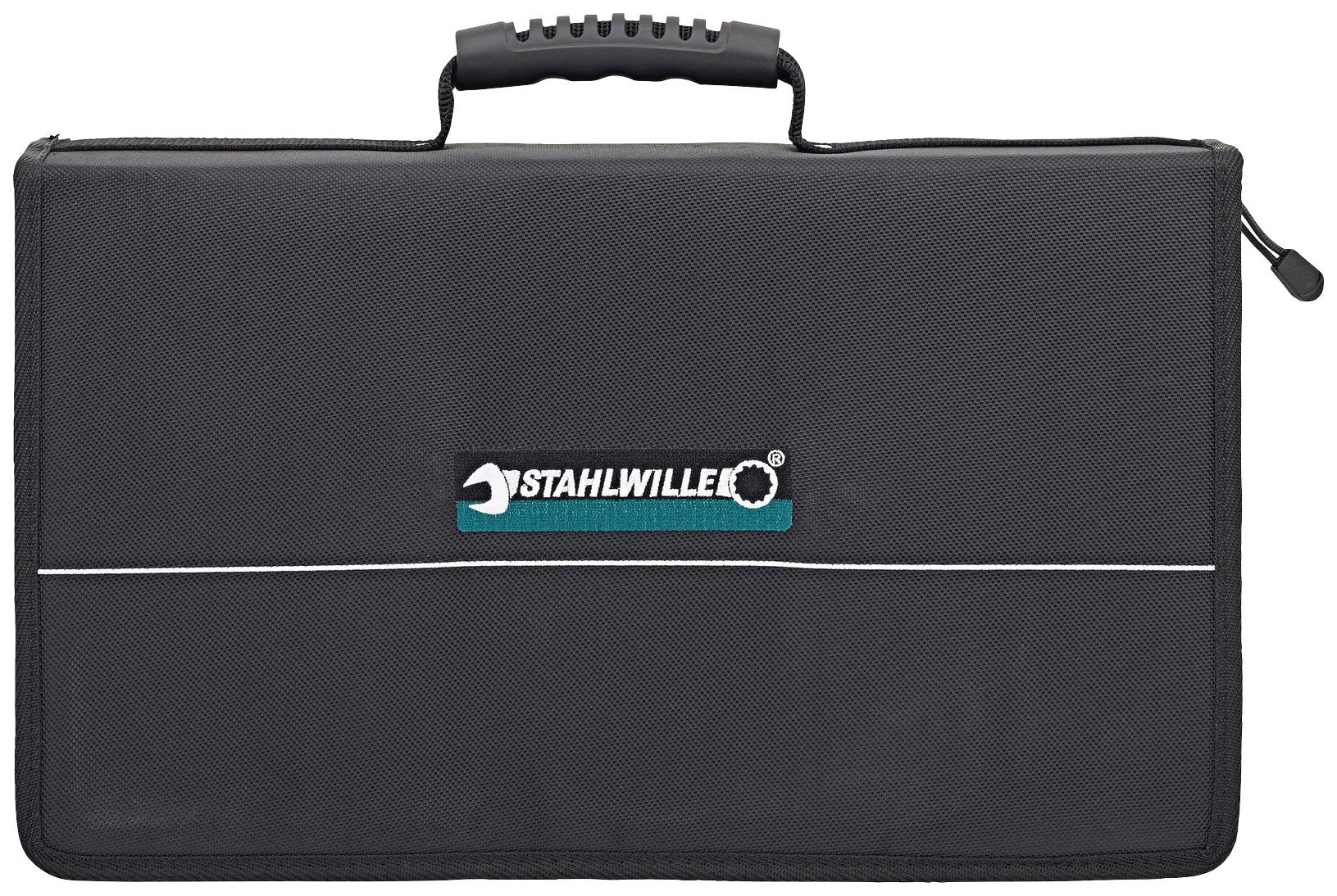 Čierna taška na náradie s rukoväťou a logom 'Stahlwille' na prednej strane.